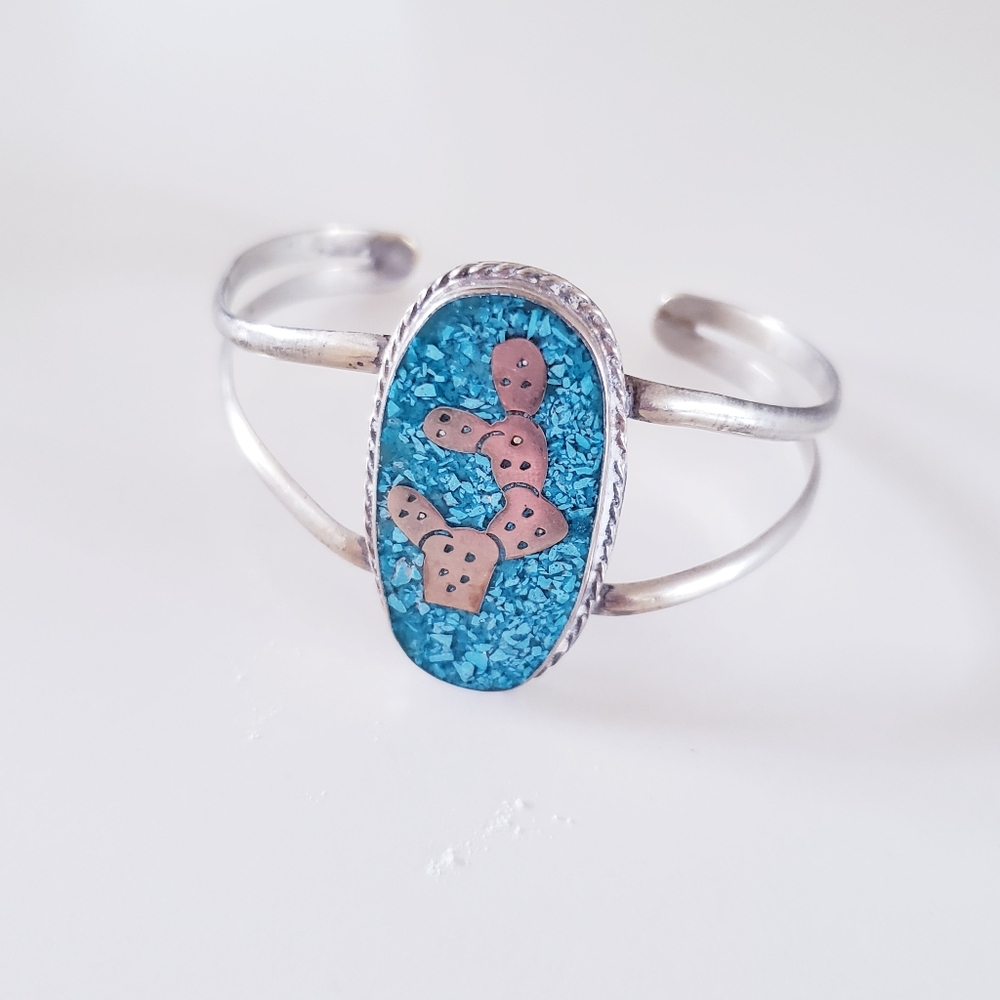 Vintage Navajo Alpaca Mexico & Turquoise Cuff Bangle
